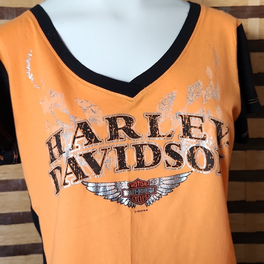 NWOT! Harley-Davidson Women's Orange and Black Top Silver Foil